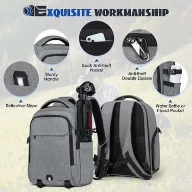 Рюкзак для фотокамери RAINSMORE з відділенням для ноутбука 14 дюймів, сірий. Підходить для Canon, Nikon, Sony (DSLR, SLR)