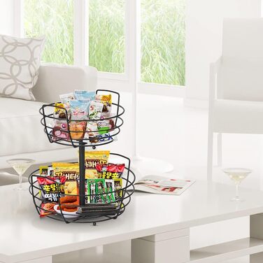 Металева підставка для фруктів та овочів на 2 яруси з гачком для бананів - чорна