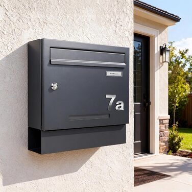 Поштовий ящик Zedelmaier Anthrazit RAL 7016 з газетницею та табличкою з нержавіючої сталі, 3D номер будинку, сучасний, стійкий до погодних умов, подвійне порошкове покриття