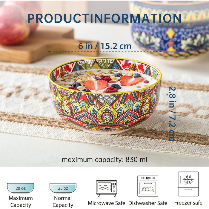 Набір супових тарілок Henten Home, 4 шт. - порцелянові десертні/сніданочні тарілки, 300 мл, для морозива/рису/десерту, кольорові сервіровочні миски, 4 шт. - Богемний стиль