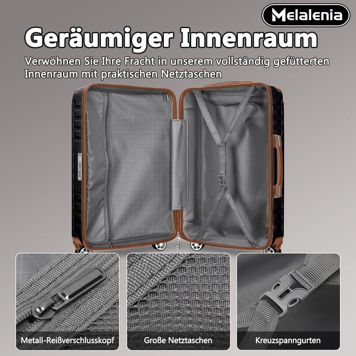 Набір валіз Melalenia 7шт з жорстким корпусом, легкий, на 4 колесах, з TSA-замком. Включає косметичку, сумку для подорожей та кулькову сумку. Чорний колір.