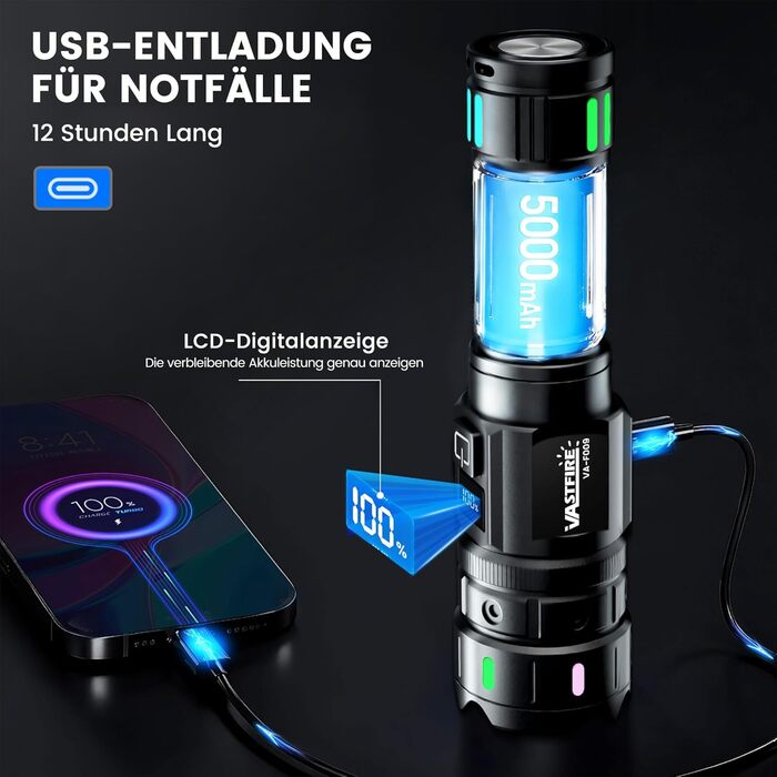 Ліхтар LED VASTFIRE 500000 люменів, тактичний, водонепроникний IP67, з LCD дисплеєм та магнітом, 30W, чорний