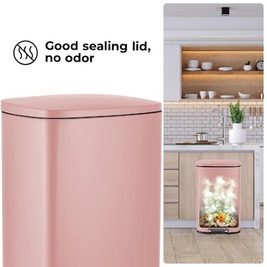 Відро для сміття LIFERUN 30л з кришкою, м'яким закриттям, з внутрішнім відром, сталеве, для кухні, ванної кімнати, офісу, рожеве