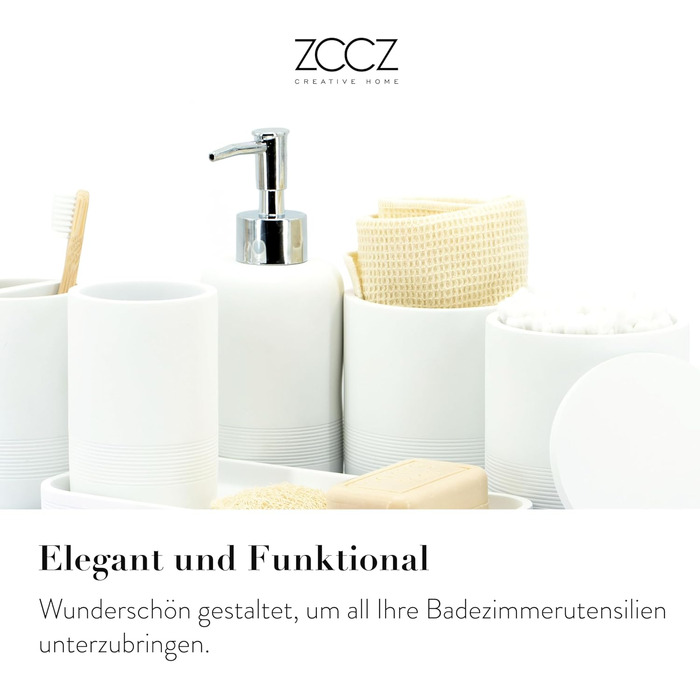 ZCCZ 4-Piece Bathroom Accessories Set, Black, with Soap Dispenser, Toothbrush Holder, Bathroom Tumbler, and Vanity Tray, Decorative Countertop Organizer (New White)