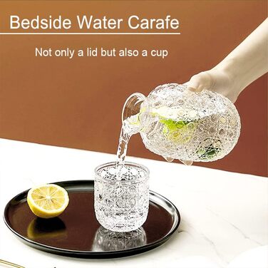 Vintage Water Carafe, Nightstand Water Carafe and Glass Set, Carafe with Glass Beaker for Nightstand, Thick Glass Mouthwash Decanter for Bedroom, Guest Room, Bathroom, Kitchen, 440ml (Transparent)