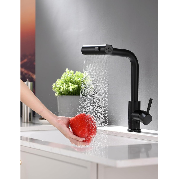 Чорний кухонний змішувач з витяжною лійкою TIMACO 360° поворотний, одноручний, для кухонної мийки | Змішувач для кухні