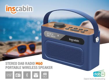 Inscabin M60: Портативне DAB/DAB+ FM-радіо з Bluetooth, подвійними динаміками та будильником (блакитний)