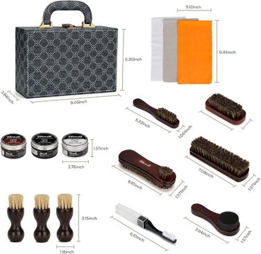 Shoe Polish Set 16-Piece, Premium Deluxe Shoe Cream Kit - 2.65 oz black, brown, and neutral shoe cream with brushes, polishing cloth, and more - Perfect gift for leather shoes and boot care set