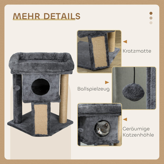 PawHut Cat Tree with Jute Scratching Mat, Lounging Platform, Play Ball, Cat House, Beige, 40 x 40 x 57 cm