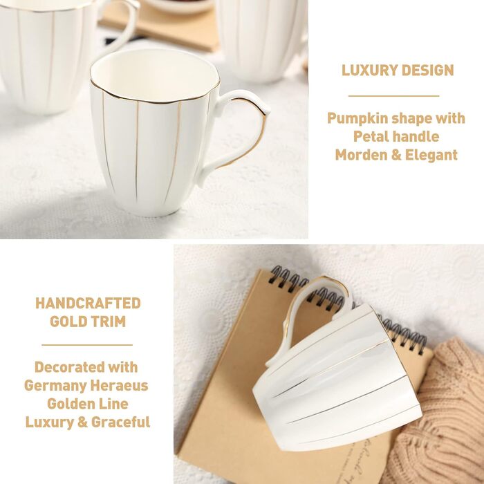 DUJUST Coffee Mug Set of 4 (400ml), Luxurious British Style with Handcrafted Golden Accents, Premium Bone China Cup Set in White and Gold for Coffee & Tea, Beautiful & Elegant
