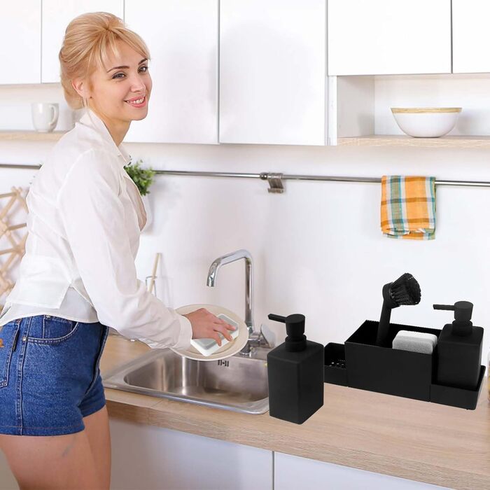 CAUTIOUS 350ML Sink Organizer with Brush, Soap Dispenser Sponge, Kitchen Dish Soap Dispenser Set Made of Plastic, Sink Organizer with Two Soap Dispensers, Kitchen Gadget Organizer (black)