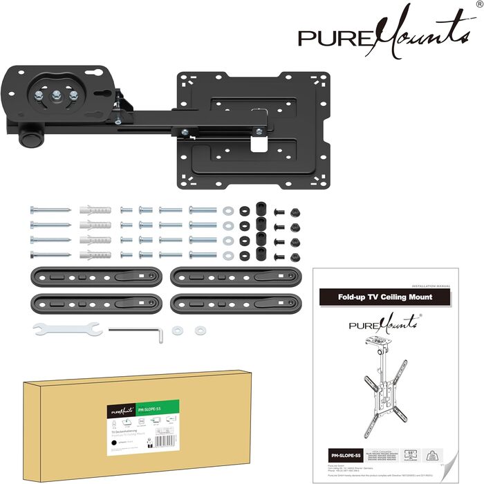 Кріплення для телевізора на стелю PureMounts, 13-27 дюймів, поворотне, нахильне, регульоване по висоті, VESA 100x100, чорний