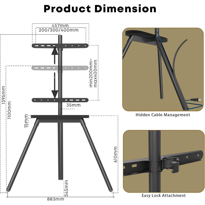 Підставка для телевізора PUTORSEN: поворотна, регульована по висоті, 43-65 дюймів, з полицею, до 40 кг, VESA 400x400, сіра