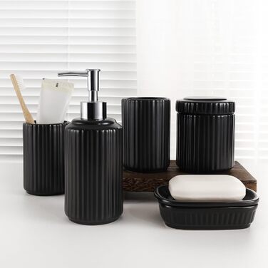 Набір для ванної кімнати NOVAJOY (5 шт.) з кераміки: органайзер, дозатор мила, мильниця, тримач для зубних щіток, контейнер для ватних паличок. Чорний колір.