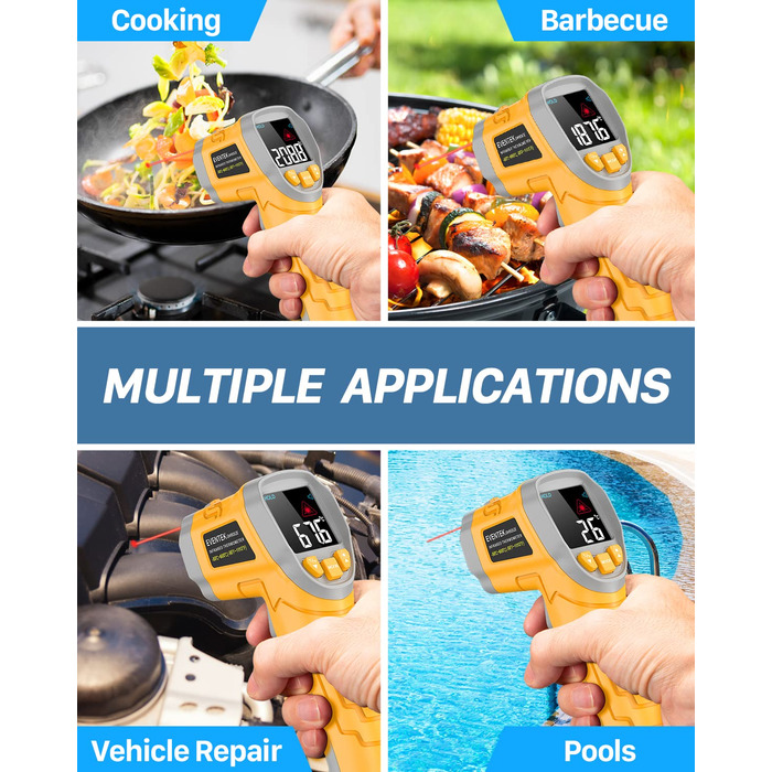 Інфрачервоний термометр Eventek -50°C ~ 600°C з лазером, регулюванням випромінювання та LCD-дисплеєм для гриля, піци, кухні та промисловості (жовтий)