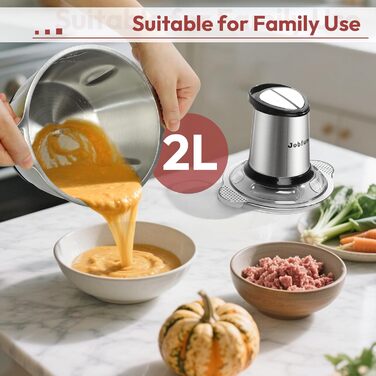 Електричний подрібнювач Jobfun 2L з нержавіючої сталі, 2 швидкості, мультиподрібнювач, м'ясорубка, подрібнювач для м'яса, цибулі, овочів (сірий)