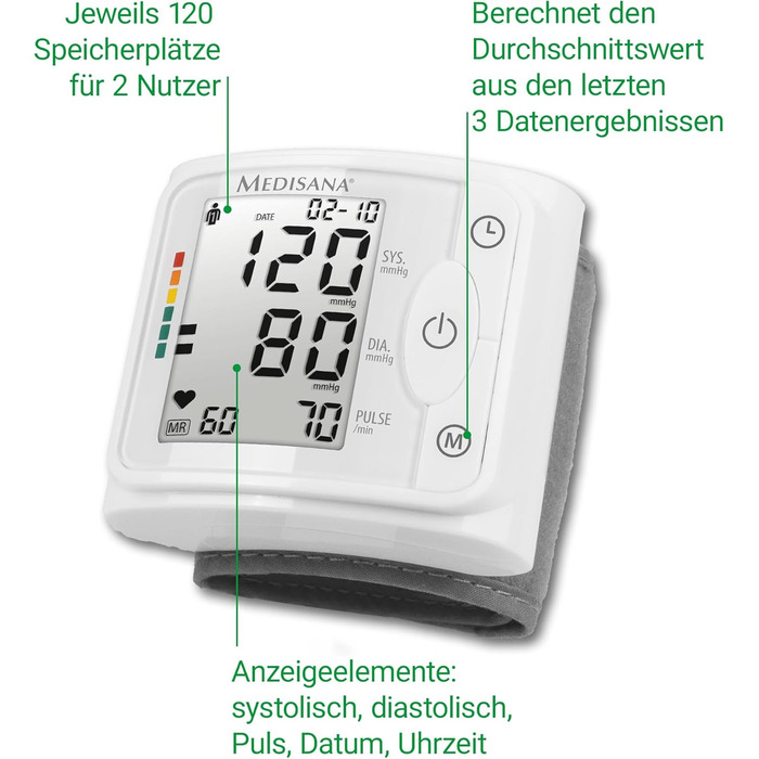 Тонометр на зап'ястя Medisana BW 320 - точний вимір артеріального тиску та пульсу, пам'ять, великий дисплей, індикатор артеріального тиску, виявлення аритмії та попередження