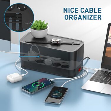 Многорозеткова смуга з кабельною коробкою, захист від перенапруги, 5 розеток, 3 USB, органайзер для столу, 29.5 x 14 x 14 см, кабель 2 м (5 м, чорний)