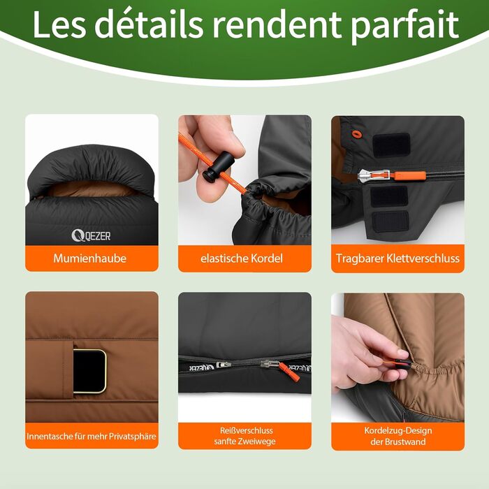 Спальний мішок XXL з пуху 3-4 сезони, 230x100 см, для дорослих, чорний, -3°C | Для кемпінгу, походів, рюкзаків