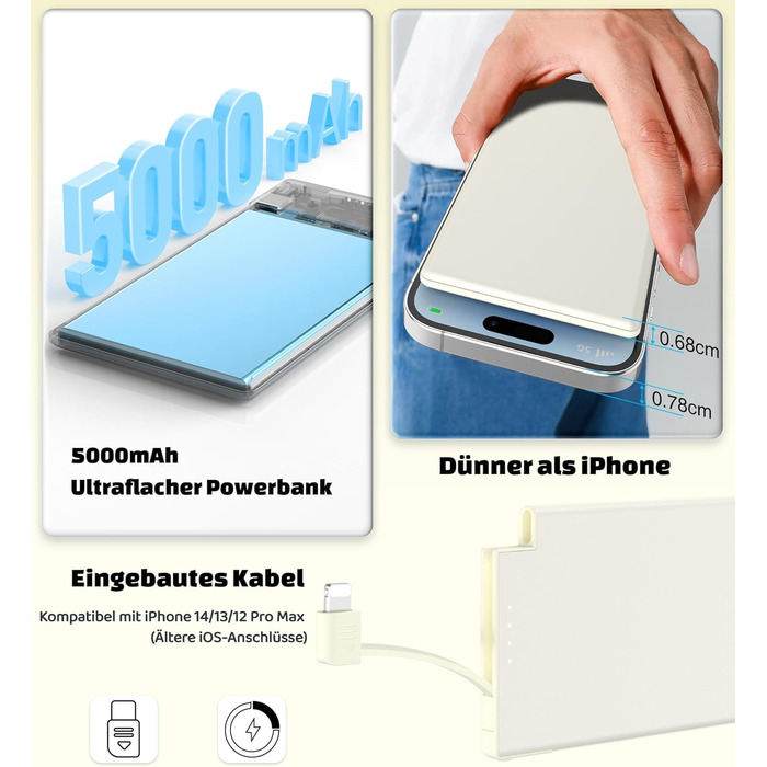 Power Bank Auskang 5000mAh Slim з кабелем для iPhone (сумісний з iPhone 14 та попередніми моделями) - тонкий, легкий, портативний зовнішній акумулятор (білий)