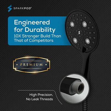 Душова лійка SparkPod з шлангом 15 см, високий тиск, XXL, дощова, хром, легкий монтаж, преміум-дизайн, матова чорна