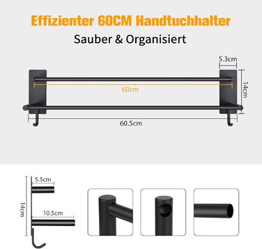 Тримач для рушників без свердління, 60 см, самоклеючий, з гачками, нержавіюча сталь, чорний, для ванної кімнати та кухні