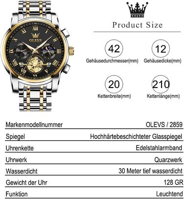 Годинник чоловічий OLEVS з металевим ремінцем, кварцовий, з місячною фазою, хронограф, водонепроникний (2859 Чорний / Двоколірний)