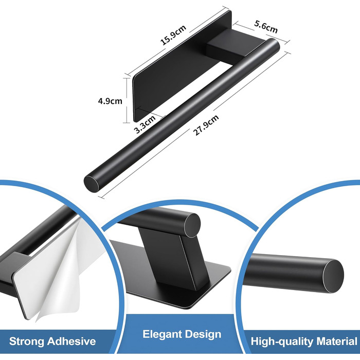 Тримач для рушників без свердління, подвійний, 304 нержавіюча сталь, рушник-перекладина з двома підлокотниками, самоклеючий, для гостьових рушників, монтаж на стіну для ванної кімнати та кухні (#8 Чорний)