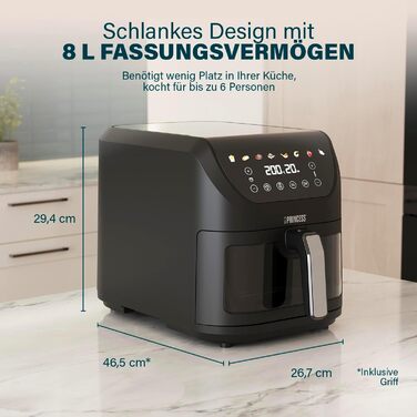 Princess SlimFry Hot Air Fryer 8 L, space-saving, fat-free cooking technology, 8 programs, viewing window, powerful (2000 W) and quiet operation (55 db), Black, Airfryer 01.182258.01.001 COMPACT, SLIM DESIGN 8L