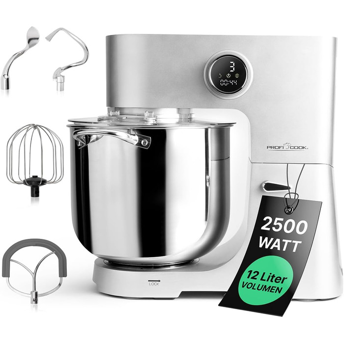 Кухонна машина ProfiCook KM 1254 з великою чашею 12л, потужний 2500W мотор, металеве редуктор та LED-дисплей | Харчовий процесор для тіста до 8,5 кг, 13 швидкостей