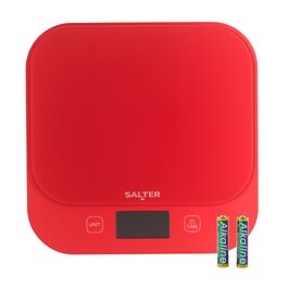 Цифрові кухонні ваги Salter British Bakes до 10 кг, точність 1 г, водонепроникні, з функцією тари та вимірюванням рідин, загартоване скло, червоні