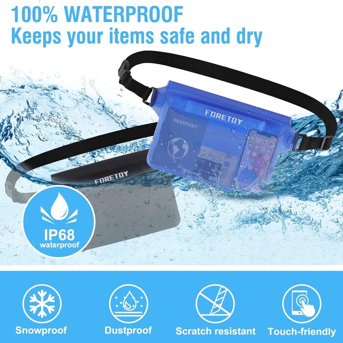 Водонепроникна сумка-чохол на пояс з регульованим ремінцем, IP68, для фото, водного спорту, пляжу, плавання, риболовлі (Чорний + Синій)
