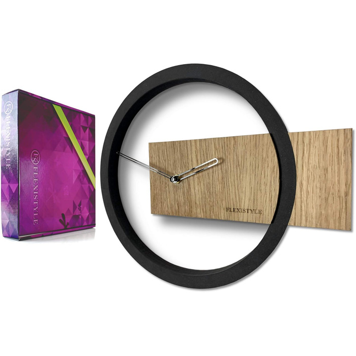 FLEXISTYLE Large Wall Clock without Ticking Sounds, Wood Art Black, Living Room, Bedroom, Made in EU, z216-2 (32cm)