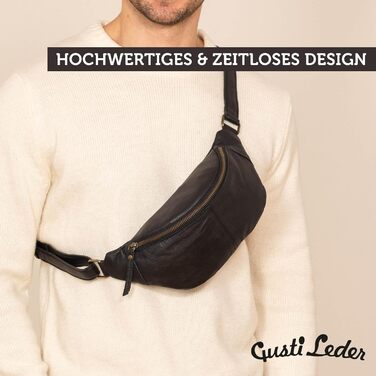 Сумка на пояс Gusti Leder чорна – велика вінтажна сумка через плече для жінок та чоловіків, з натуральної шкіри, регульований ремінь, елегантна для повсякденного використання та подорожей
