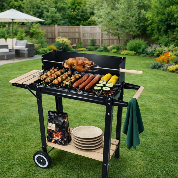 Великий вугільний садовий гриль BBQ XL на колесах з регулюванням та рожном