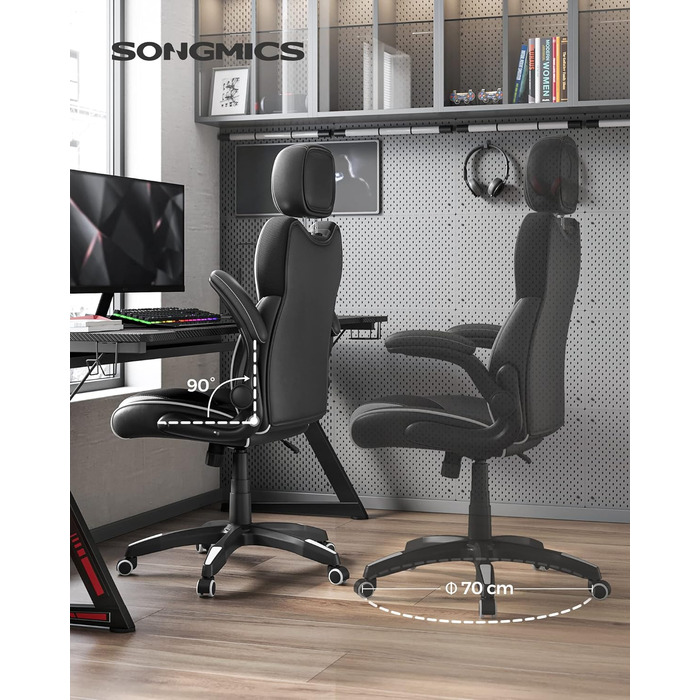 Крісло офісне SONGMICS, геймінгове, регульована підголовник, функція гойдання, регульовані підлокітники, універсальні ролики, регулювання висоти, OBG65BK (чорно-біле)