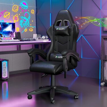 Геймерське крісло Racingreat LED RGB з підсвіткою, підголівником та підтримкою попереку, регульоване, для дітей та дорослих (чорне, з динаміками)