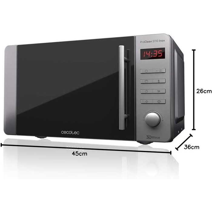 Мікрохвильова піч Cecotec Pro Clean 5110 Inox: 20 л, 700 Вт, гриль 800 Вт, LED, Digital, нержавіюча сталь