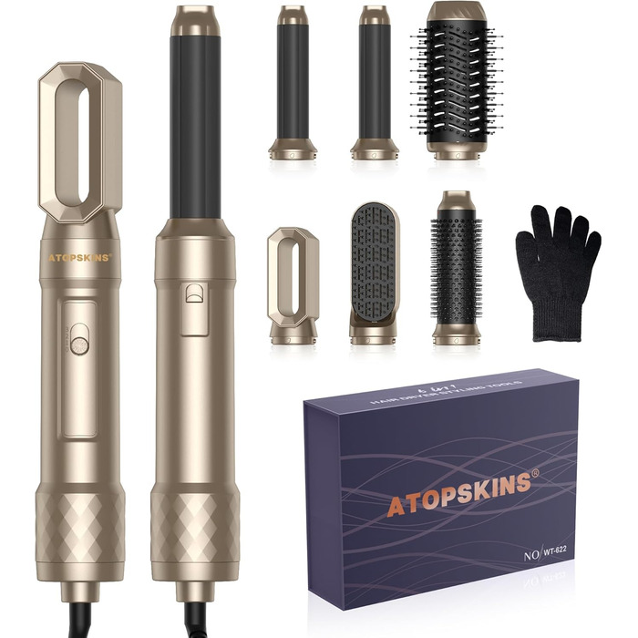 Airstyler Atopskins 6 в 1: комплект для укладки волосся з іонізацією, фен-щітка, локони, об'єм, сушка, випрямлення (золотий/чорний)