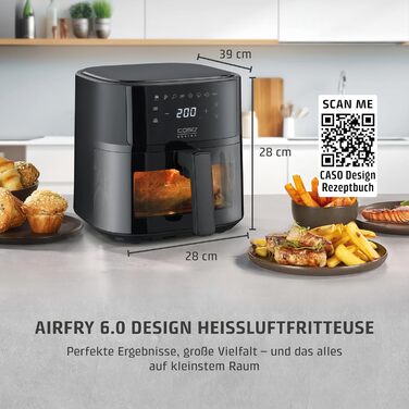 Фритюрниця без олії CASO AirFry 6.0 - 6 літрів, тиха, з таймером та 8 пресетами, нержавіюча сталь