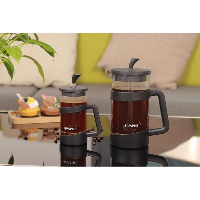 Френч-прес Sivaphe 1000 мл, чорний: кавоварка з тришаровим фільтром, термостійке скло, ложка
