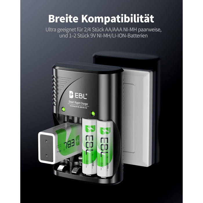 Зарядний пристрій для акумуляторів EBL AA AAA 9V NIMH з 4-ма відсіками, смарт-зарядка, LED-дисплей, швидка зарядка (з набором акумуляторів)