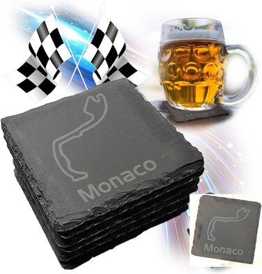 Nürburgring Coasters for Drinks, 6-Piece Set of Slate Coasters, for Home and Dining Room, Decoration, Racing Fans (Monaco)