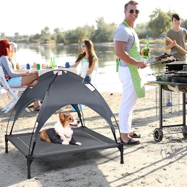 Лежанка для собак GOPLUS з дахом, піднята лежанка для тварин, лежанка для домашніх тварин з металевим каркасом, вологостійке собаче ліжко, котяче ліжко з сонцезахисним тентом, неслизькі накладки на ніжках, для використання в приміщенні та на вулиці (90x81