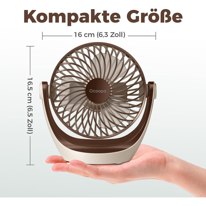 USB вентилятор OCOOPA: компактний настільний вентилятор з потужним потоком повітря та тихою роботою, 3 швидкості, 360° обертання, для офісу, дому та відпочинку на природі (коричневий)