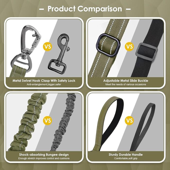 Тактична повідок для собак AUBELL, міцна, світловідбиваюча, без натягу, з амортизатором, для середніх та великих собак, з м'якою ручкою, авторемнем безпеки, поворот на 360°, 1.2-1.8 м, зелена