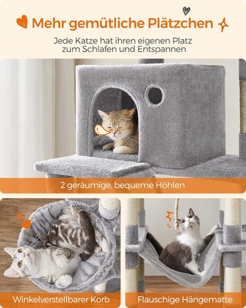 Feandrea XXL Когтеточка для котів, 206 см, з 13 когтеточками, 2 платформами, 2 печерами, гамаком, мішками з м'ячиками, багатоповерхова, сірий PCT190W01