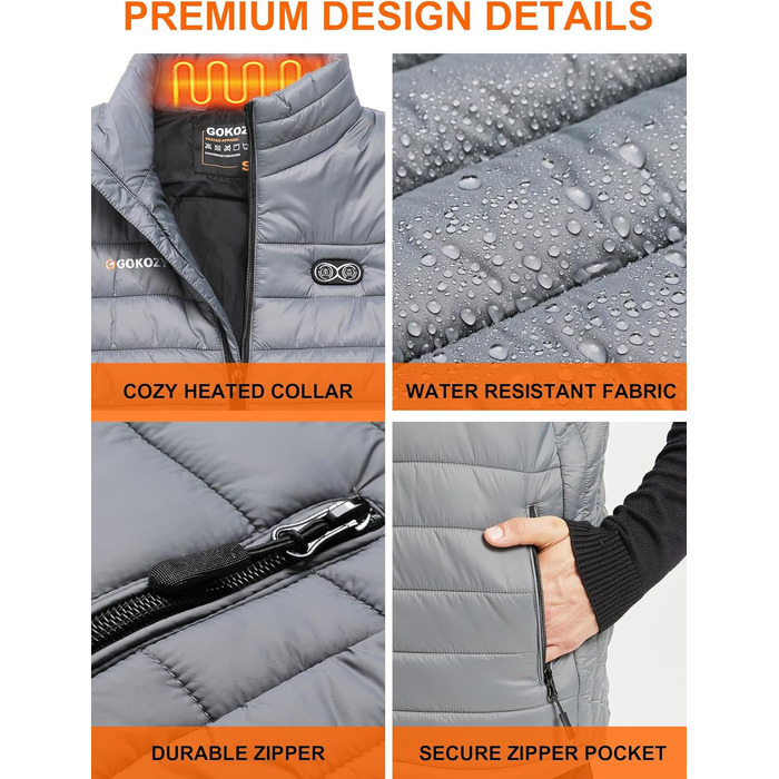 Обогрівальний жилет Gokozy для чоловіків та жінок з акумулятором 10000 mAh та 5 зонами обігріву, для катання на лижах та полювання (M, Сірий)