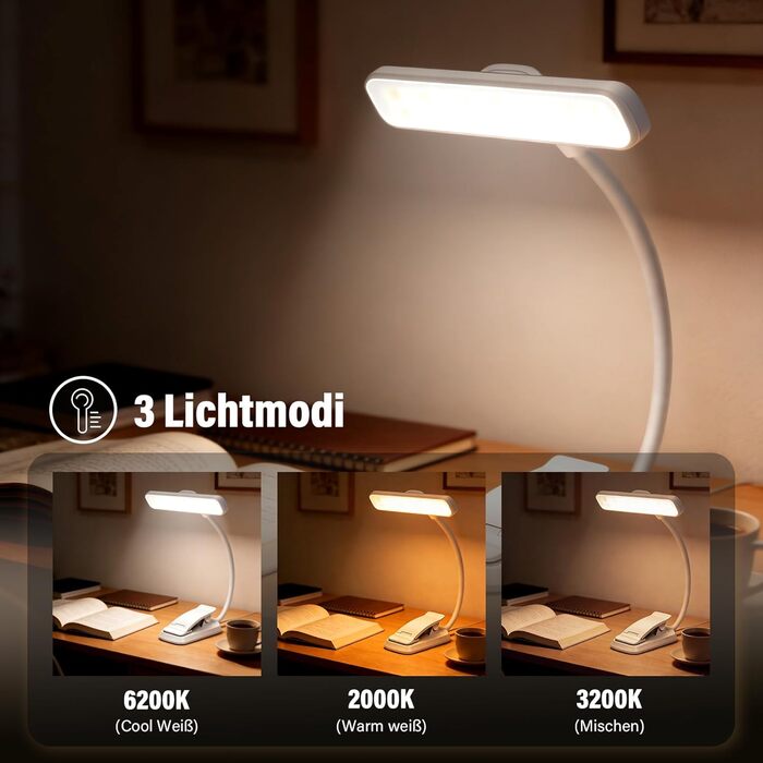 Лампа для читання LED USB акумуляторна з димером, 3 режими, біла, з кліпсою, 1000mAh - для рукоділля, ремонту, риболовлі