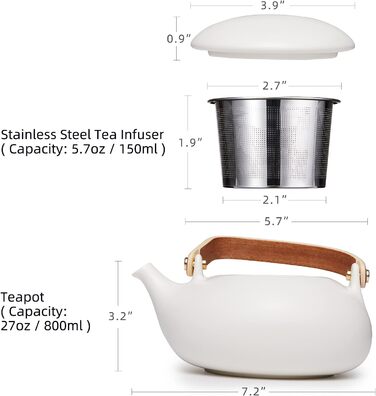 ZENS Modern Japanese Teapot, 800ml Matte White Ceramic Teapot with Infuser, Wooden Handle Small Japanese Teapot for Loose Leaf Tea, White Tea, Green Tea Steeper, Gift for Tea Lovers